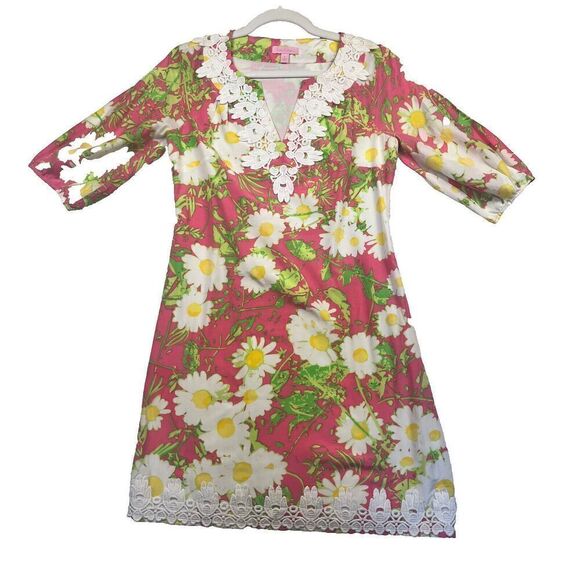 LILLY PULITZER PINK FLORAL DAISY DRESS  SILK/COTTON  3/4 SLEEVES WOMEN'S‎ SIZE 0 - Picture 1 of 11